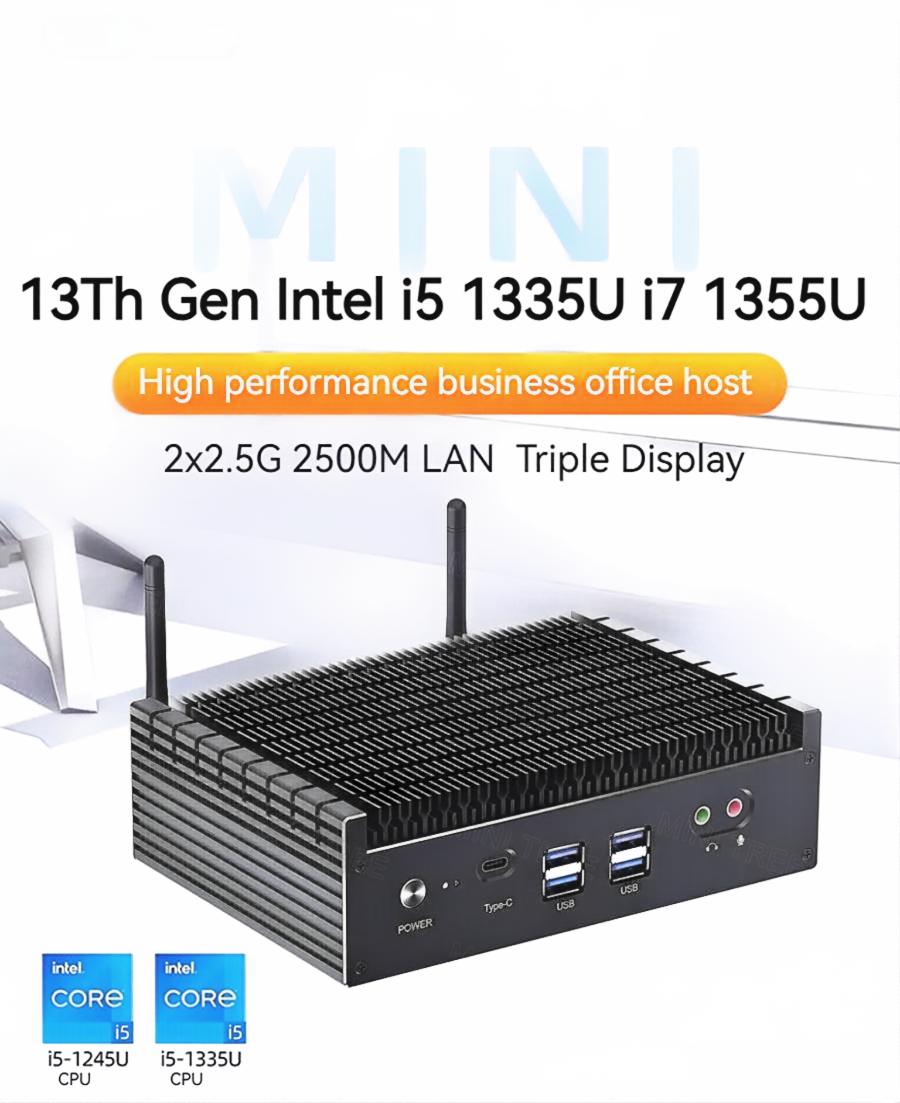 13Th Gen Fanless Mini PC Intel Core i7-1355U i5-1335U Windows11 Pro Dual DDR4 M.2 NVME Gaming Computer Triple Display