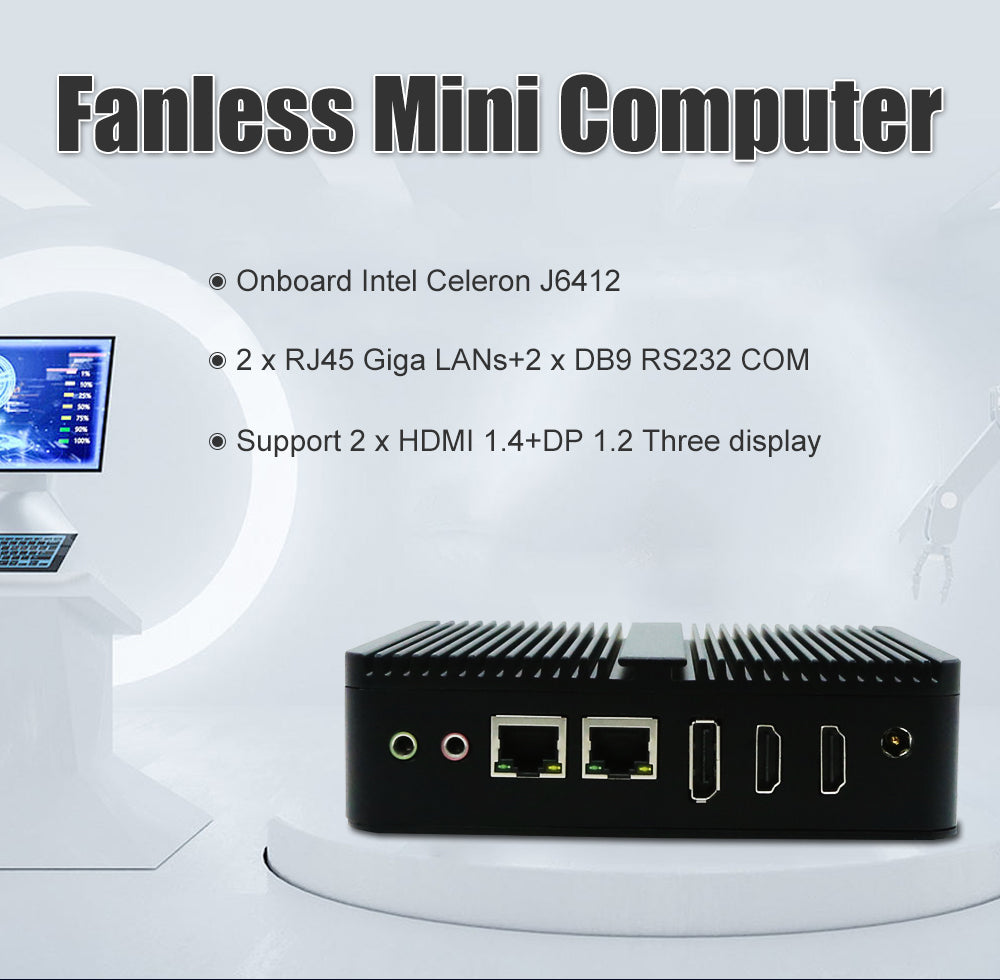 Intel N100 Fanless Mini PC Computer 2xRJ45 LANs 2xDB9RS232COM Triple Display