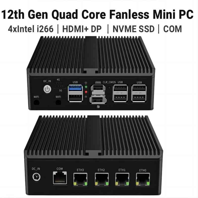 12Th Gen Industrial Fanless Mini PC N100 Quad Core 4x2.5G Intel i266 J6413 Firewall Soft Router